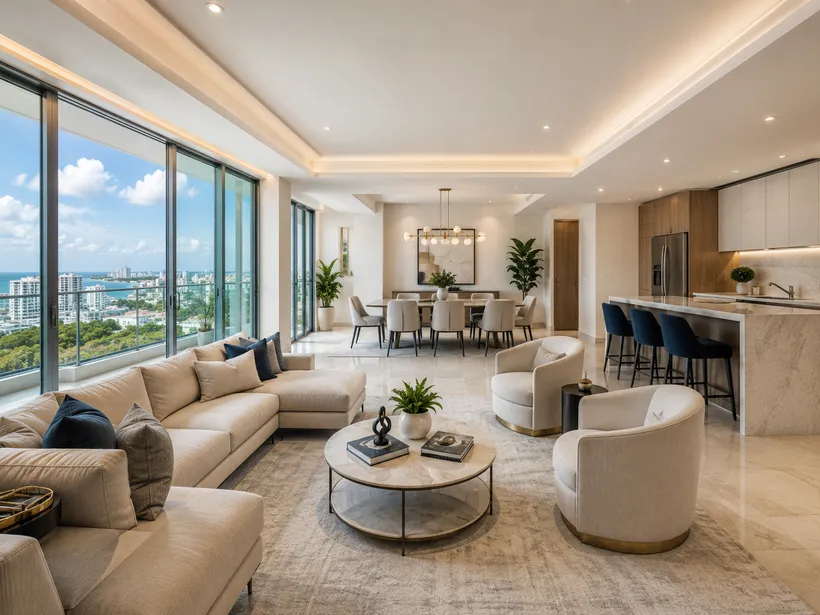 Sala luminosa de un apartamento moderno con vista a la ciudad.