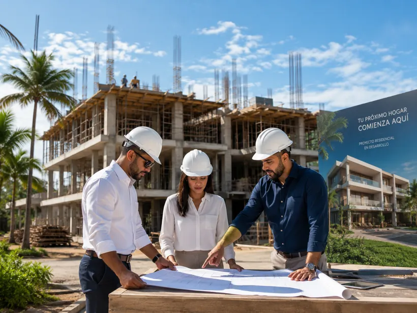 Equipo revisando planos frente a un proyecto residencial en construcción.